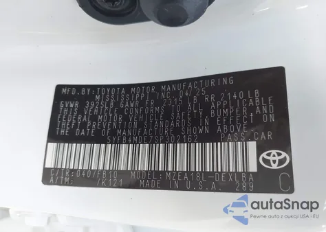 2025 Toyota Corolla Le z USA, uszkodzony, nr VIN 5YFB4MDE7SP302162